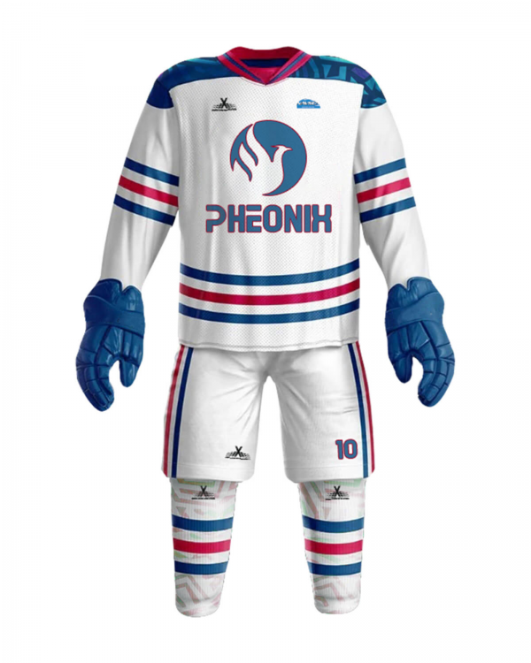 ICE HOCKEY UNIFORM WHITE WITH BLUE & RED LINE